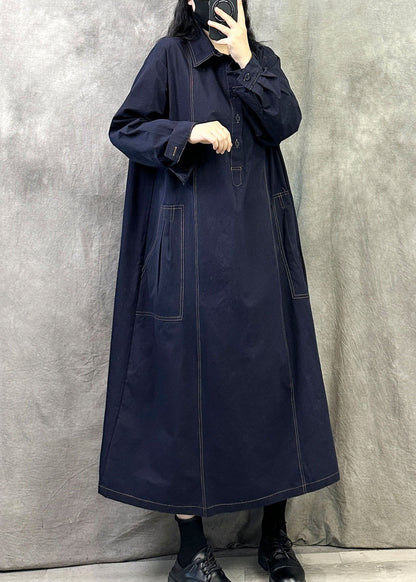 Navy Cotton Ankle Dress Oversized Pockets Fall