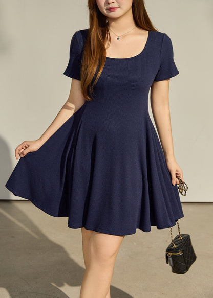 Navy Cotton Dresses U Neck Exra Large Hem Summer