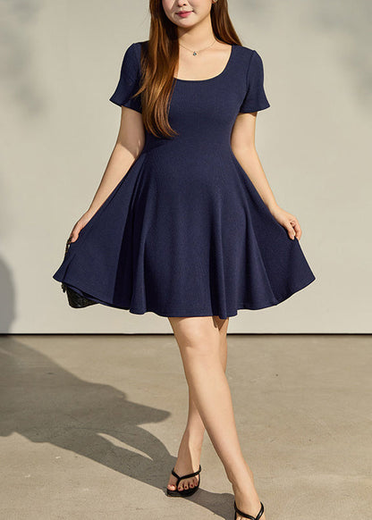 Navy Cotton Dresses U Neck Exra Large Hem Summer