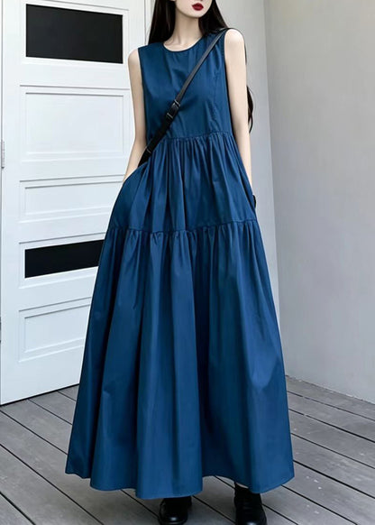 Navy Cotton Vacation Dresses O-Neck Exra Large Hem Summer