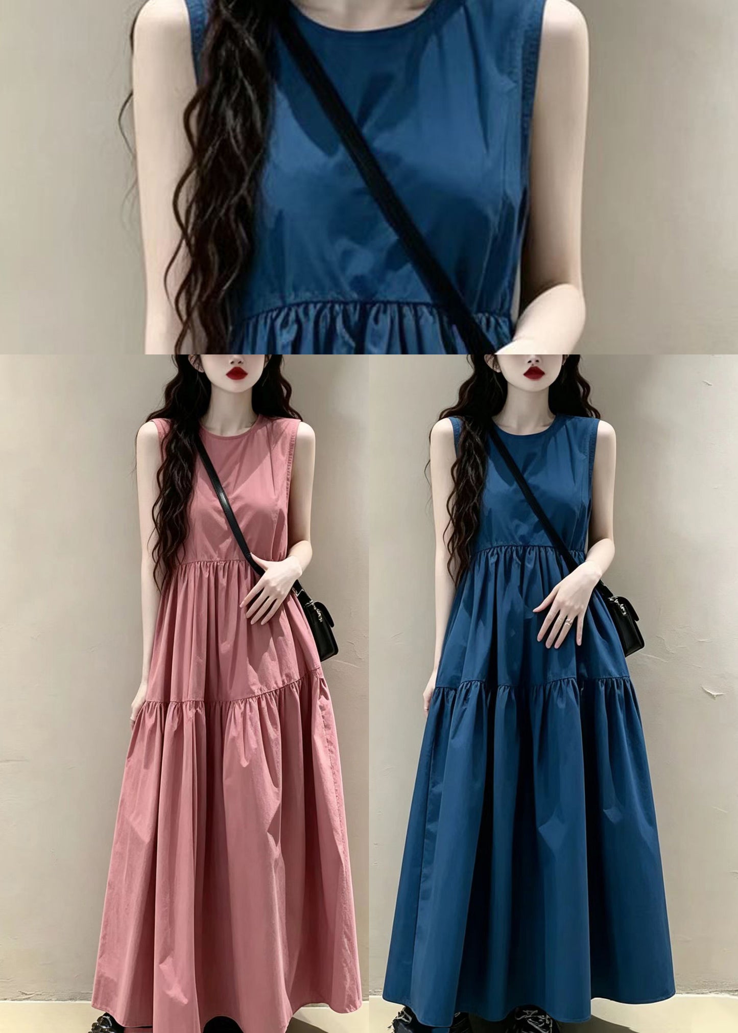 Navy Cotton Vacation Dresses O-Neck Exra Large Hem Summer