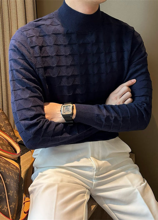 Navy Cozy Solid Knit Men Sweater Tops Turtleneck