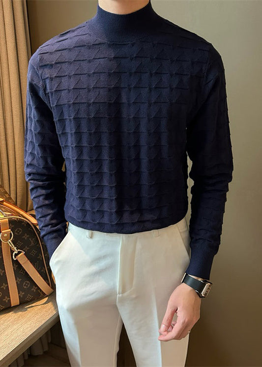 Navy Cozy Solid Knit Men Sweater Tops Turtleneck