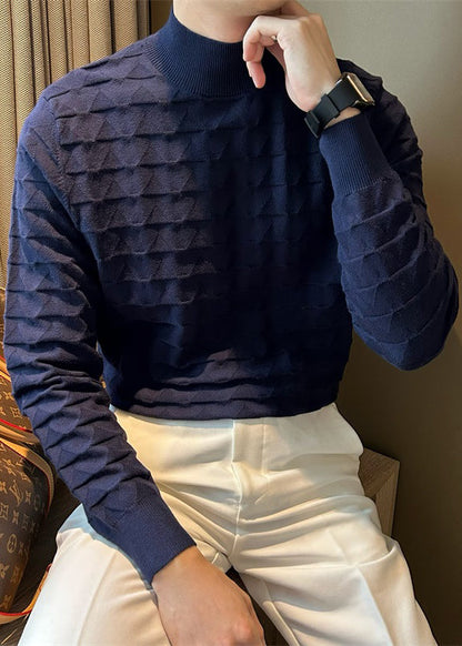 Navy Cozy Solid Knit Men Sweater Tops Turtleneck