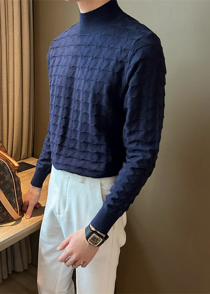 Navy Cozy Solid Knit Men Sweater Tops Turtleneck