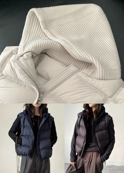 Navy Drawstring Solid Patchwork Duck Down Waistcoat Zippered Winter