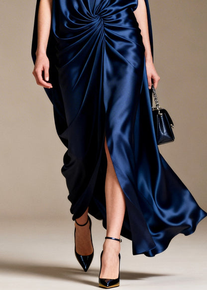 Navy Floral Silk Long Dress Asymmetrical Design Sleeveless
