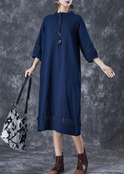 Navy Hollow Out Cotton Maxi Dress Oversized Bracelet Sleeve
