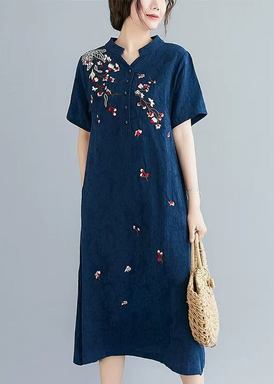 Navy Jacquard Linen Mid Dresses Embroidered Summer