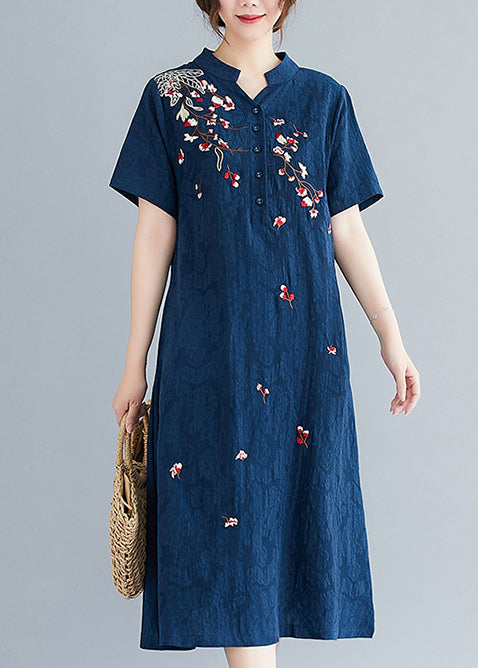 Navy Jacquard Linen Mid Dresses Embroidered Summer