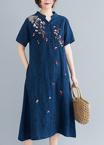 Navy Jacquard Linen Mid Dresses Embroidered Summer