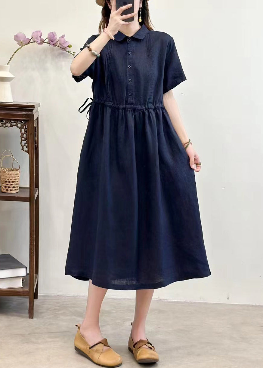 Navy Lace Up Solid Linen Summer Long Dress Peter Pan Collar