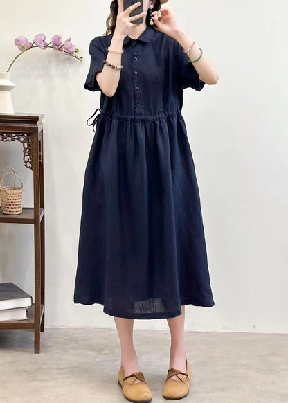 Navy Lace Up Solid Linen Summer Long Dress Peter Pan Collar