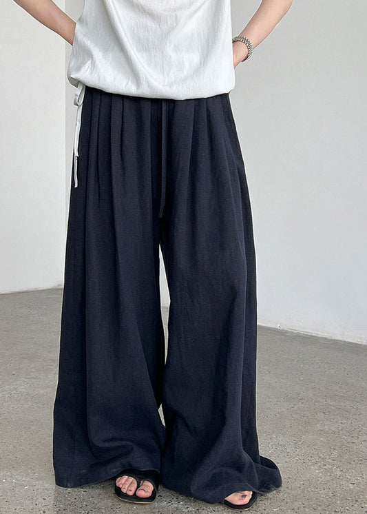 Navy Linen Wide Leg Pants Oversized Wrinkled Spring