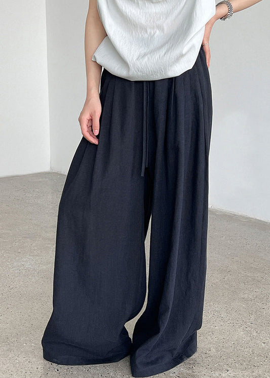 Navy Linen Wide Leg Pants Oversized Wrinkled Spring