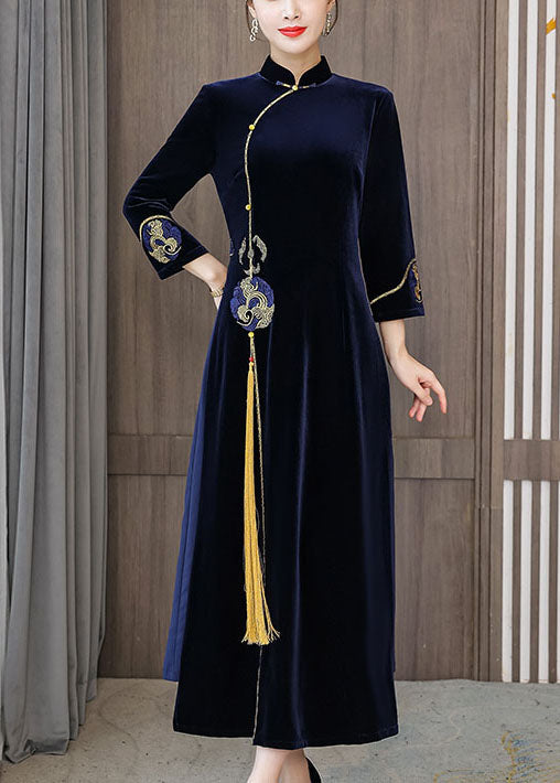 Navy Oriental Velour Cheongsam Dress Mandarin Collar Embroideried Bracelet Sleeve