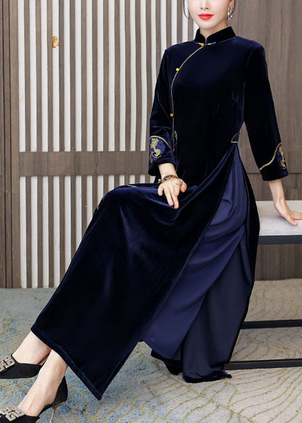 Navy Oriental Velour Cheongsam Dress Mandarin Collar Embroideried Bracelet Sleeve