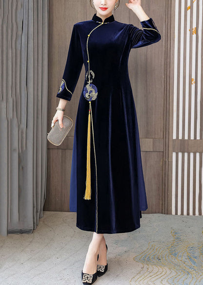 Navy Oriental Velour Cheongsam Dress Mandarin Collar Embroideried Bracelet Sleeve