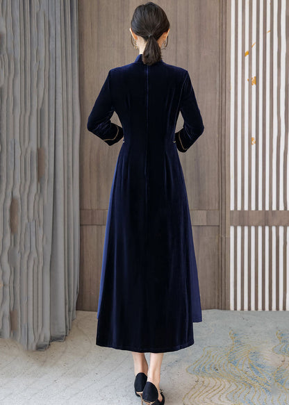 Navy Oriental Velour Cheongsam Dress Mandarin Collar Embroideried Bracelet Sleeve