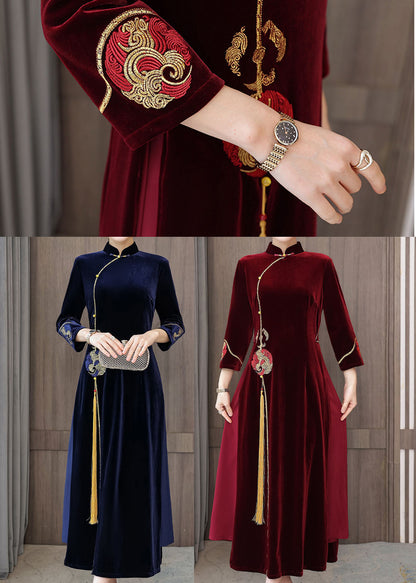 Navy Oriental Velour Cheongsam Dress Mandarin Collar Embroideried Bracelet Sleeve