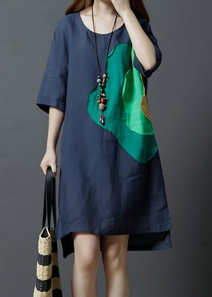 Navy Patchwork Cotton Day Dress Asymmetrical Summer