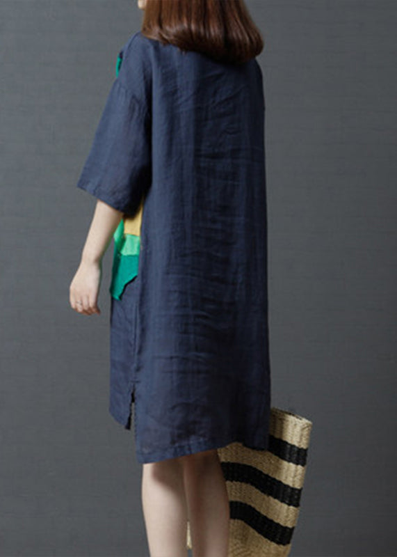 Navy Patchwork Cotton Day Dress Asymmetrical Summer