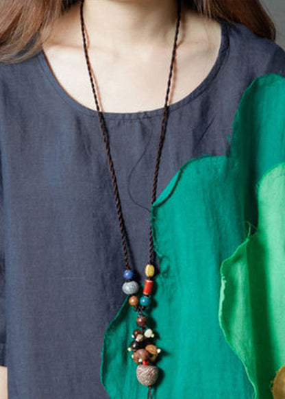 Navy Patchwork Cotton Day Dress Asymmetrical Summer