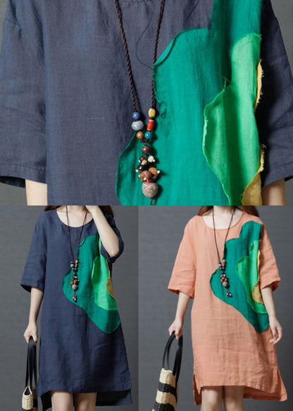 Navy Patchwork Cotton Day Dress Asymmetrical Summer