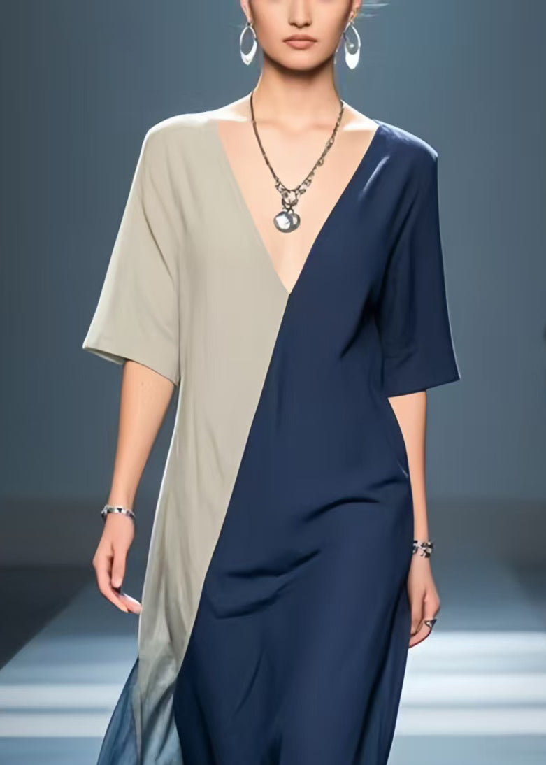 Navy Patchwork Cotton Robe Dresses Asymmetrical Summer