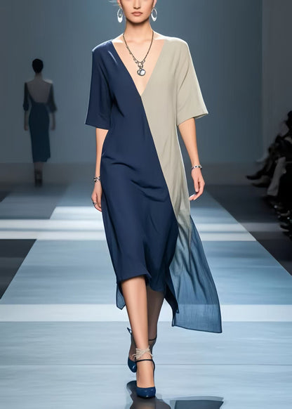 Navy Patchwork Cotton Robe Dresses Asymmetrical Summer