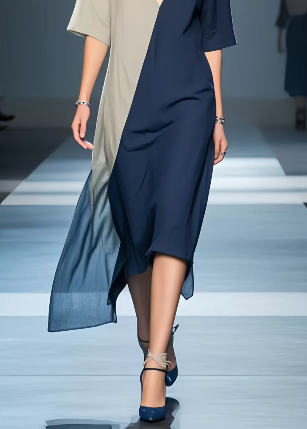 Navy Patchwork Cotton Robe Dresses Asymmetrical Summer