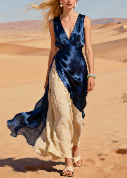 Navy Patchwork Linen Silk Fake Two Piece Dress Asymmetrical Design Summer