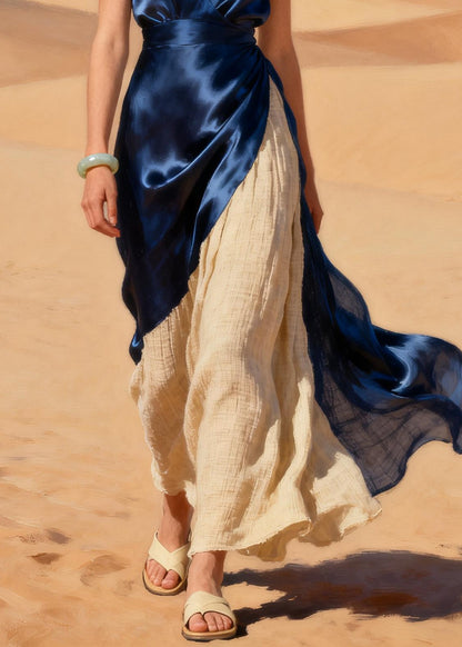 Navy Patchwork Linen Silk Fake Two Piece Dress Asymmetrical Design Summer