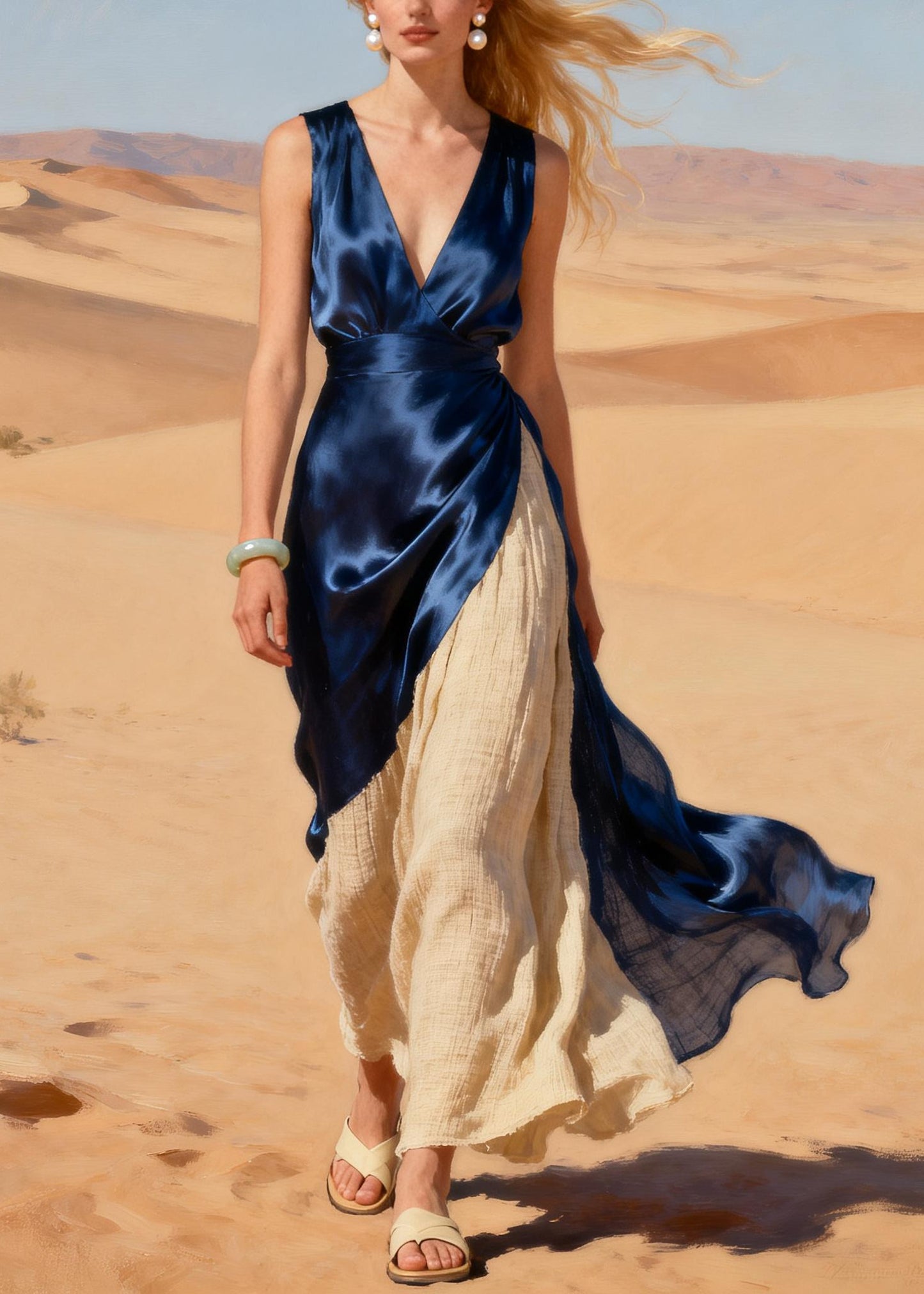 Navy Patchwork Linen Silk Fake Two Piece Dress Asymmetrical Design Summer