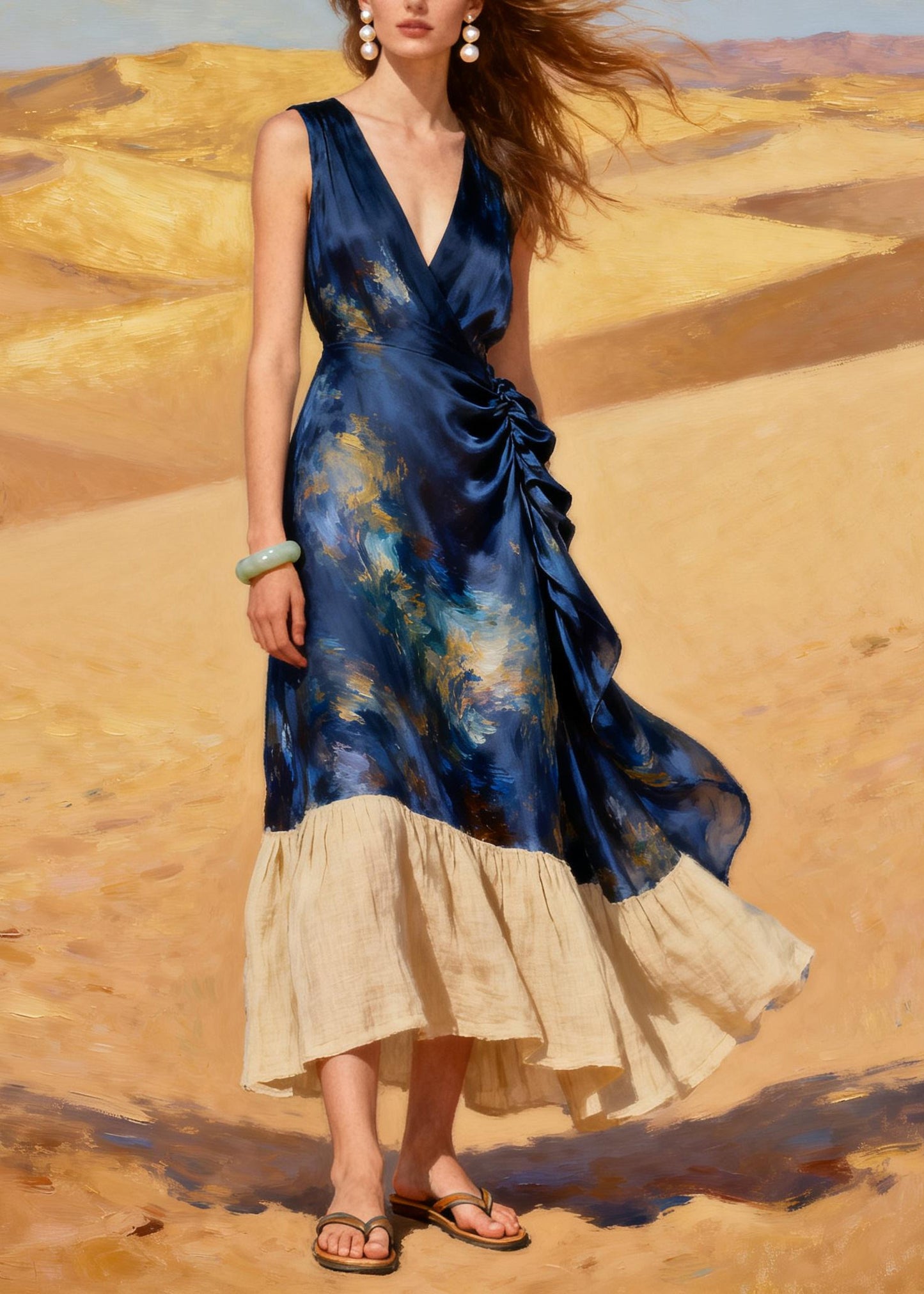 Navy Patchwork Linen Silk Holiday Dress Tie Dye Wrinkled Summer