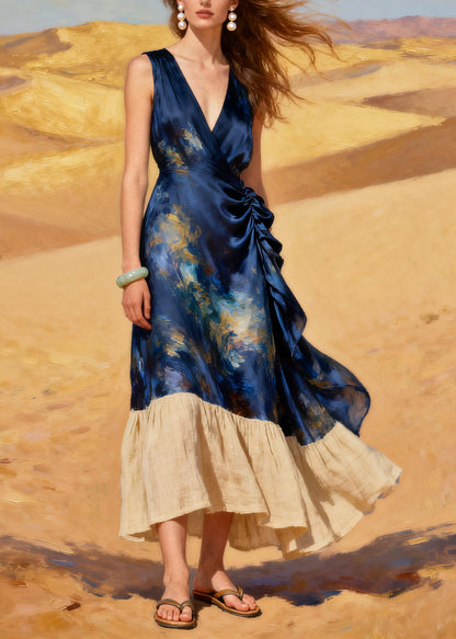 Navy Patchwork Linen Silk Holiday Dress Tie Dye Wrinkled Summer