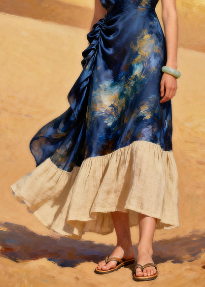 Navy Patchwork Linen Silk Holiday Dress Tie Dye Wrinkled Summer