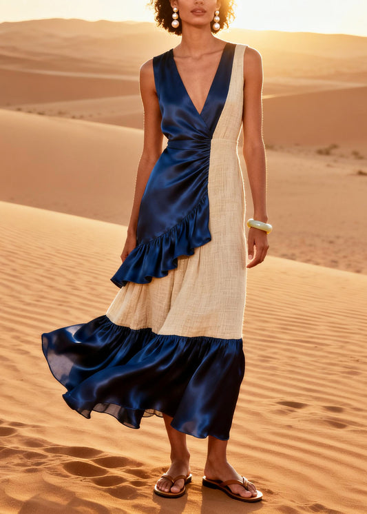 Navy Patchwork Linen Silk Maxi Dress Asymmetrical Ruffles Summer