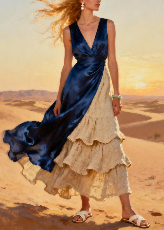 Navy Patchwork Linen Silk Maxi Dresses Asymmetrical Ruffles Summer