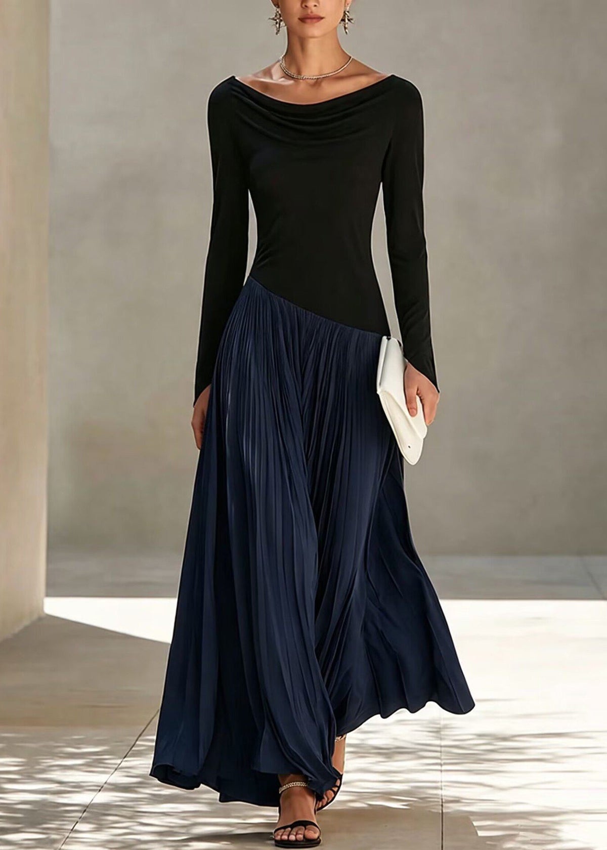 Navy Patchwork Maxi Dresses Asymmetrical Pleated Long sleeve