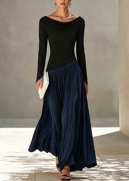 Navy Patchwork Maxi Dresses Asymmetrical Pleated Long sleeve