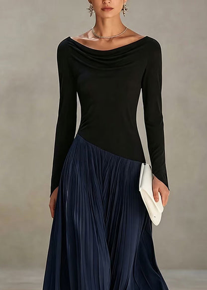 Navy Patchwork Maxi Dresses Asymmetrical Pleated Long sleeve