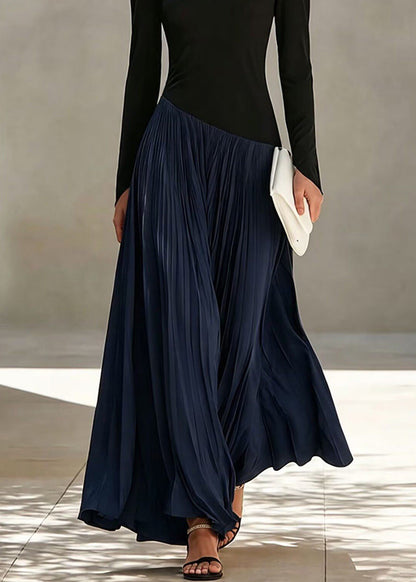 Navy Patchwork Maxi Dresses Asymmetrical Pleated Long sleeve