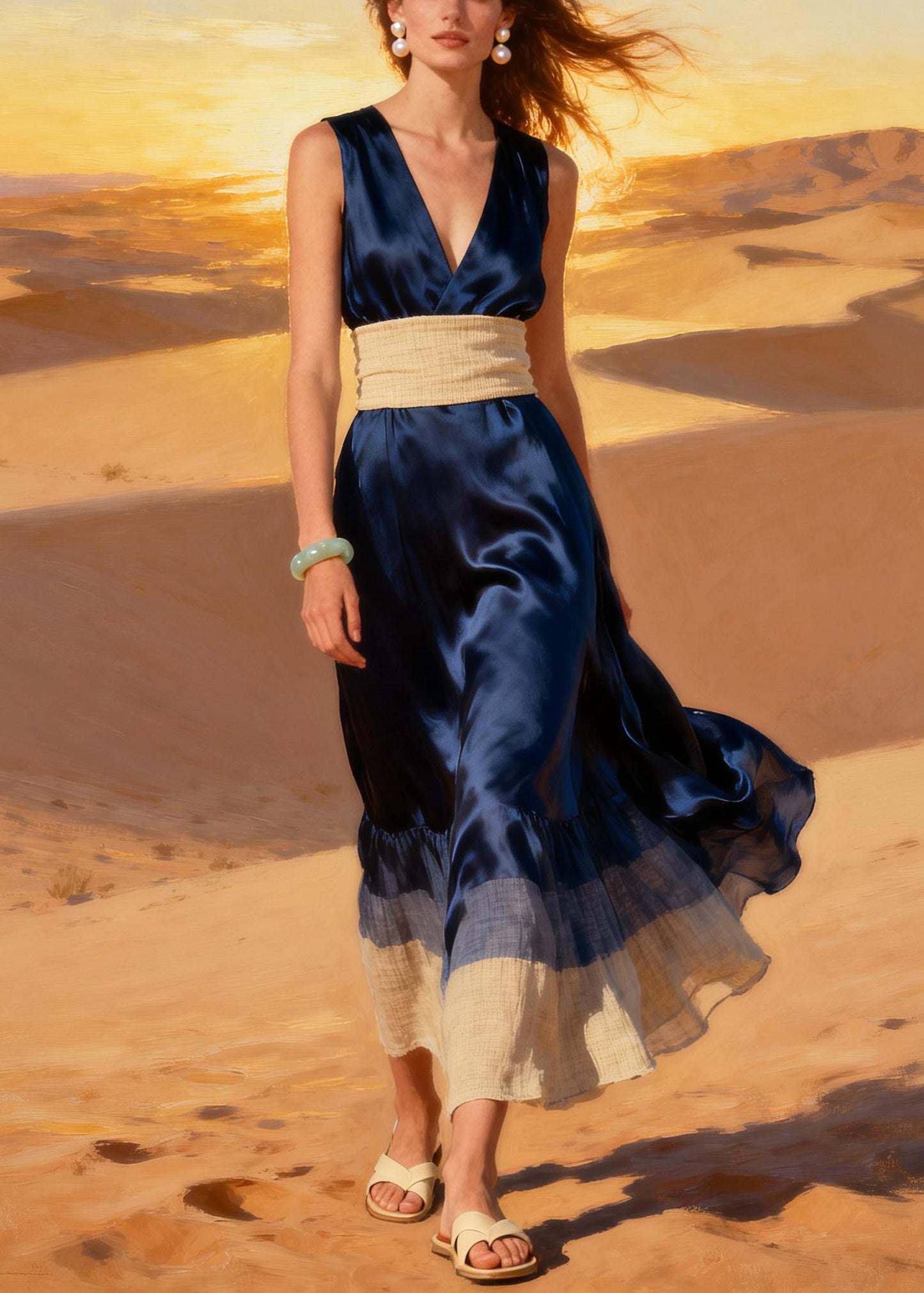 Navy Patchwork Silk Party Dress V Neck Summer