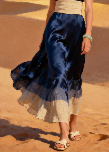 Navy Patchwork Silk Party Dress V Neck Summer