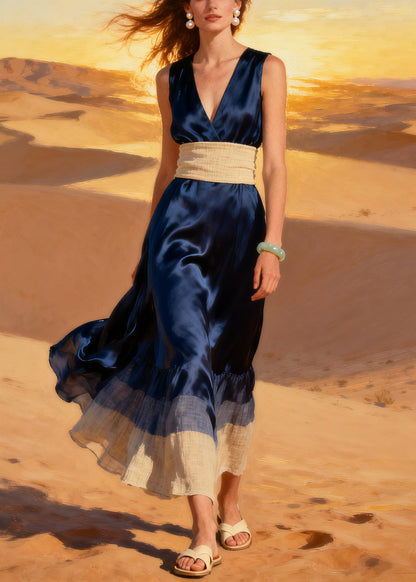 Navy Patchwork Silk Party Dress V Neck Summer