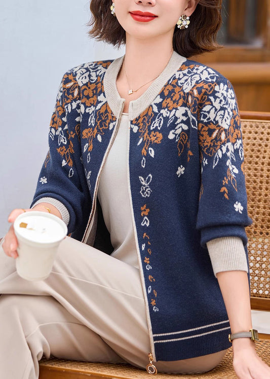 Navy Patchwork Zippered Cotton Knit Coat Fall