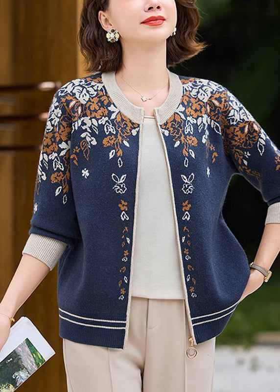Navy Patchwork Zippered Cotton Knit Coat Fall