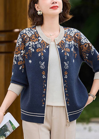 Navy Patchwork Zippered Cotton Knit Coat Fall