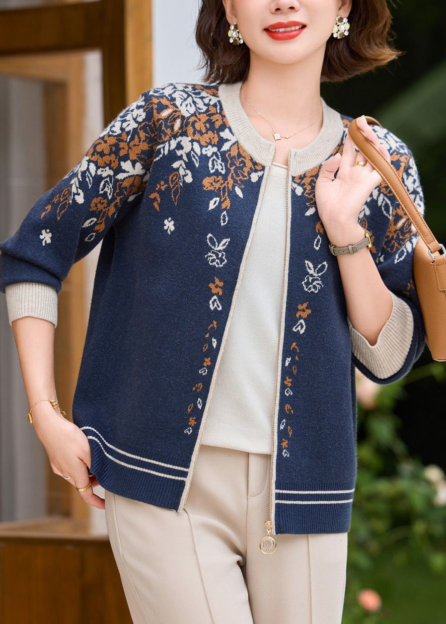 Navy Patchwork Zippered Cotton Knit Coat Fall